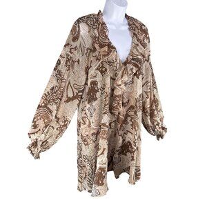 House Of Harlow 1960 NWT Womens S Boho Brown Paisley Ruffle Dress Balloon Sleeve